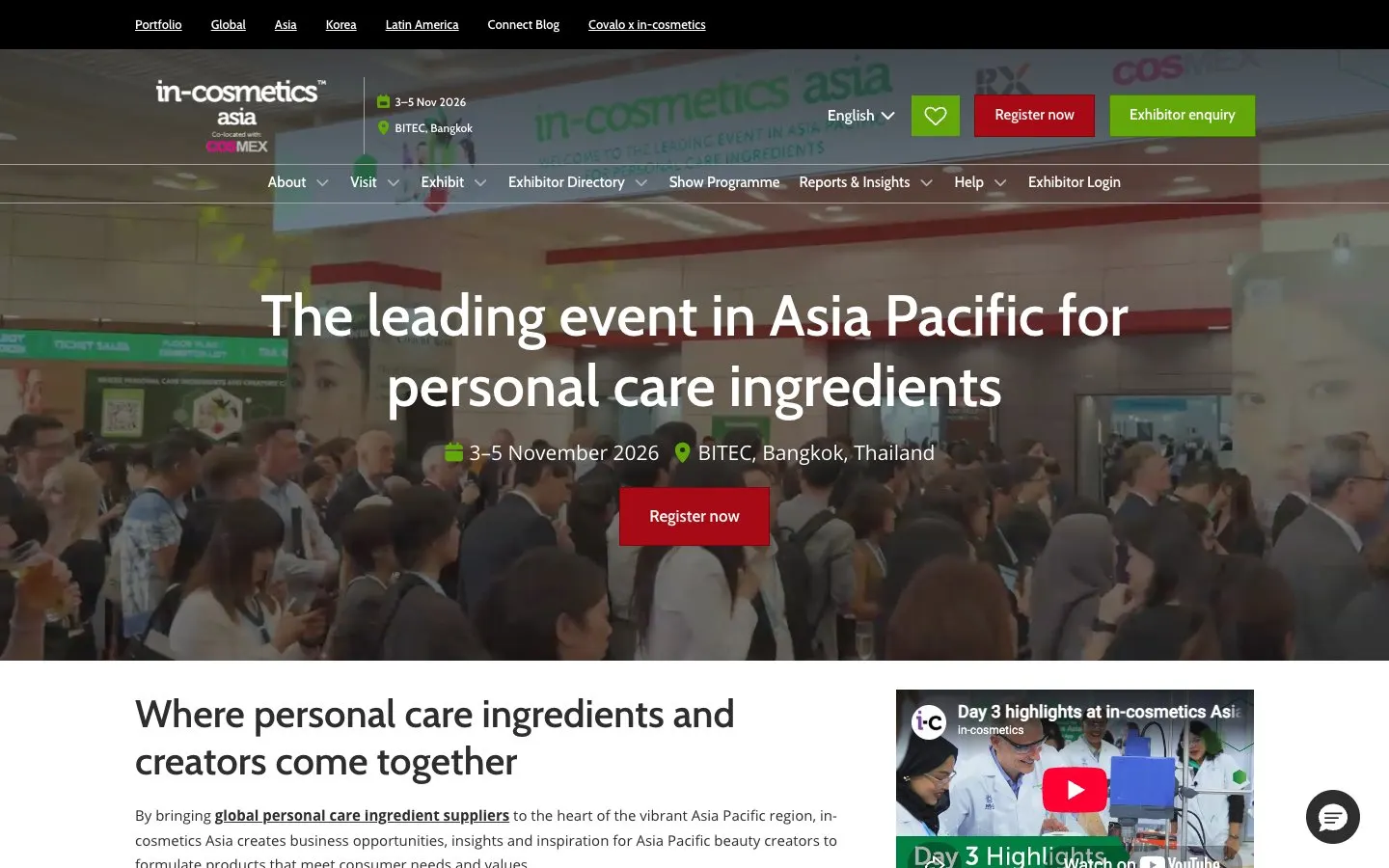 The website of in-cosmetics Asia