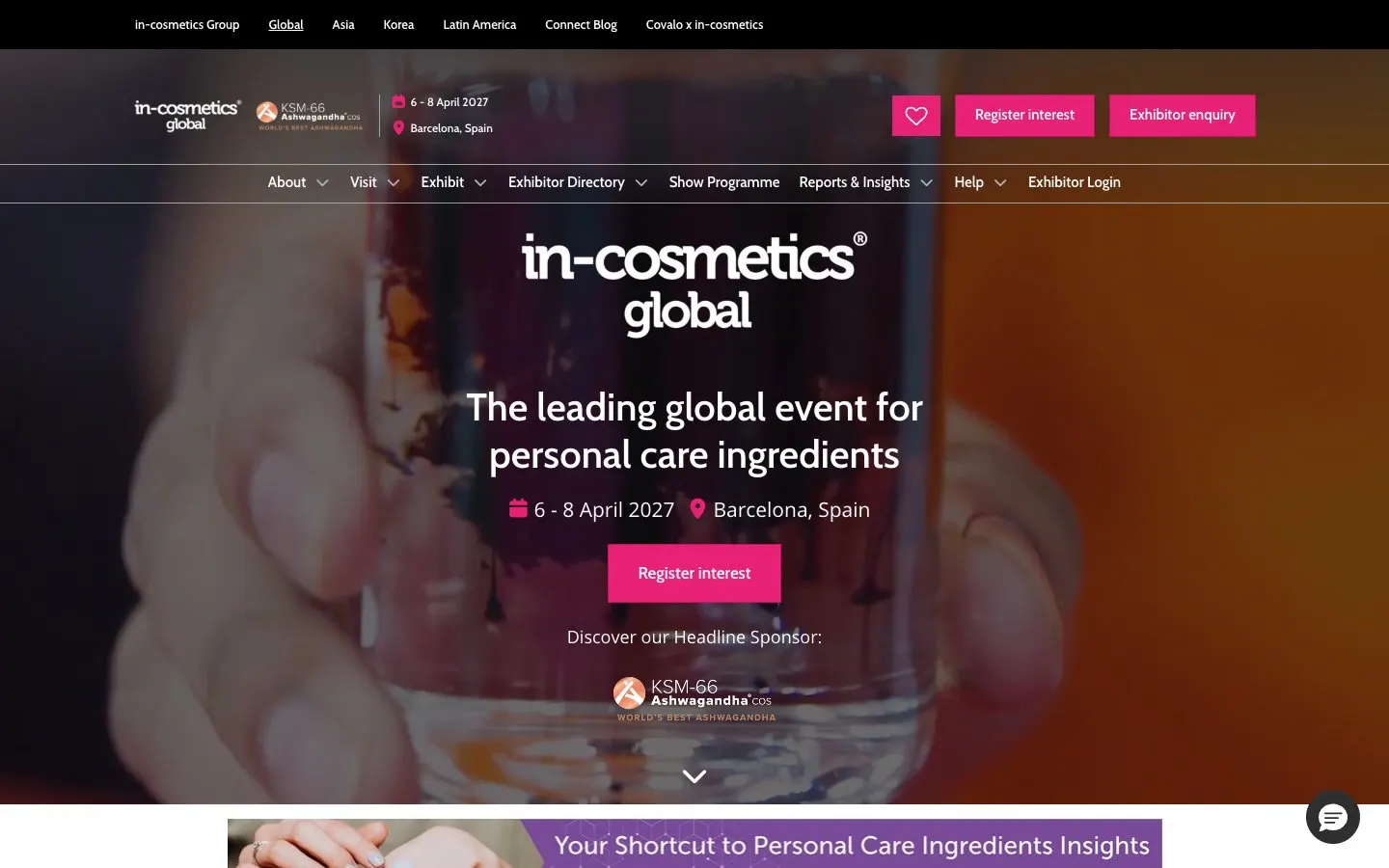 The website of in-cosmetics Global