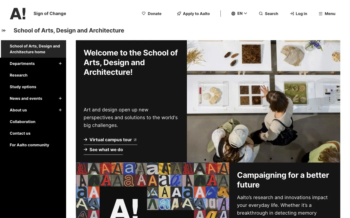 The website of Aalto University School of Arts, Design and Architecture