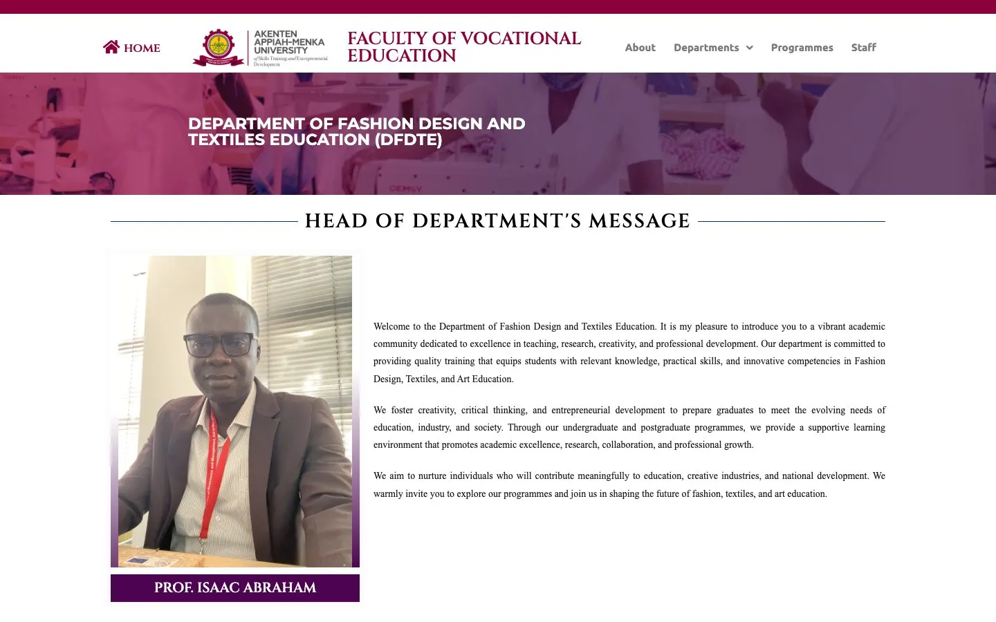 The website of AAMUSTED – Department of Fashion Design and Textiles Education