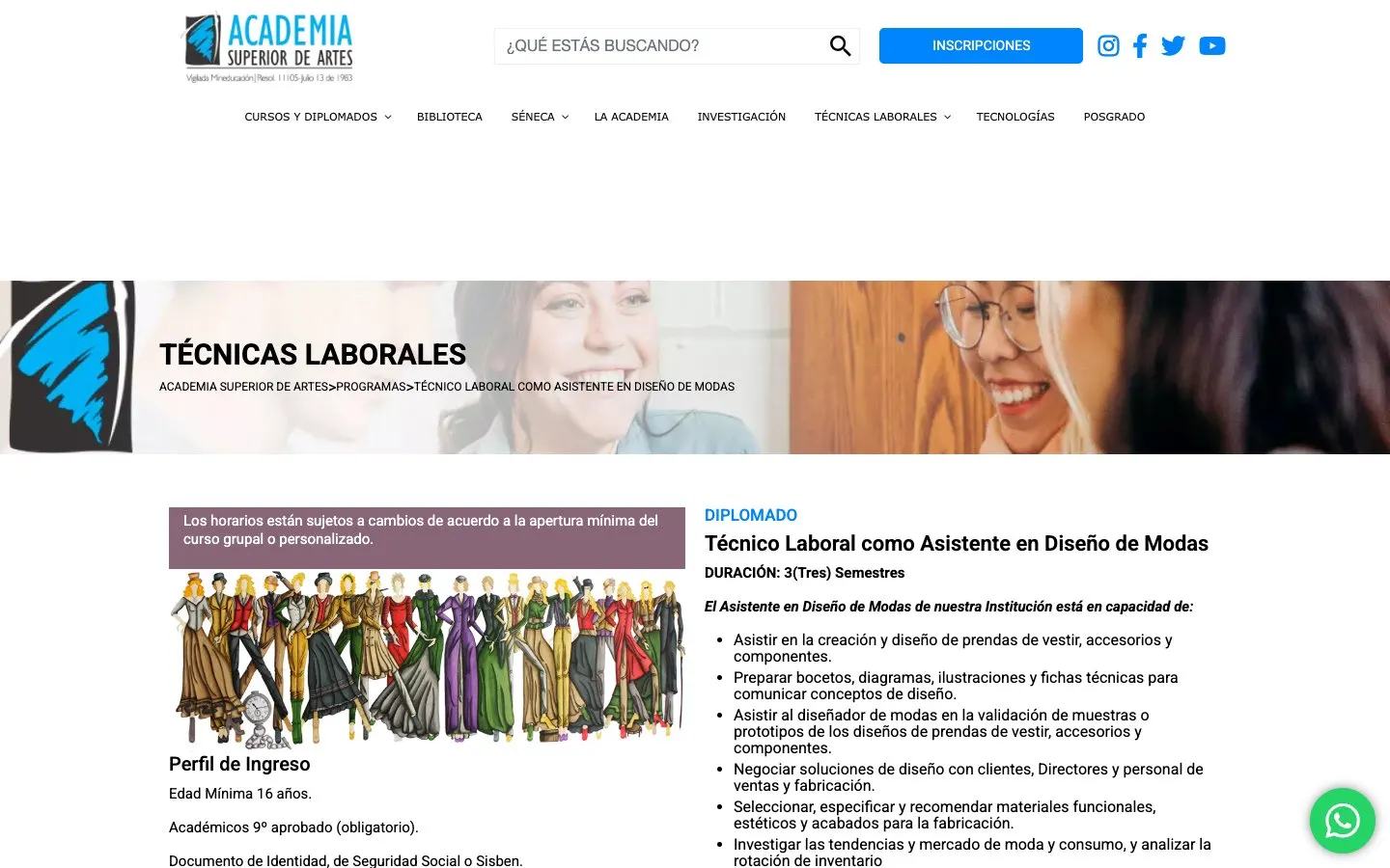 The website of Academia Superior de Artes – Diseño de Modas
