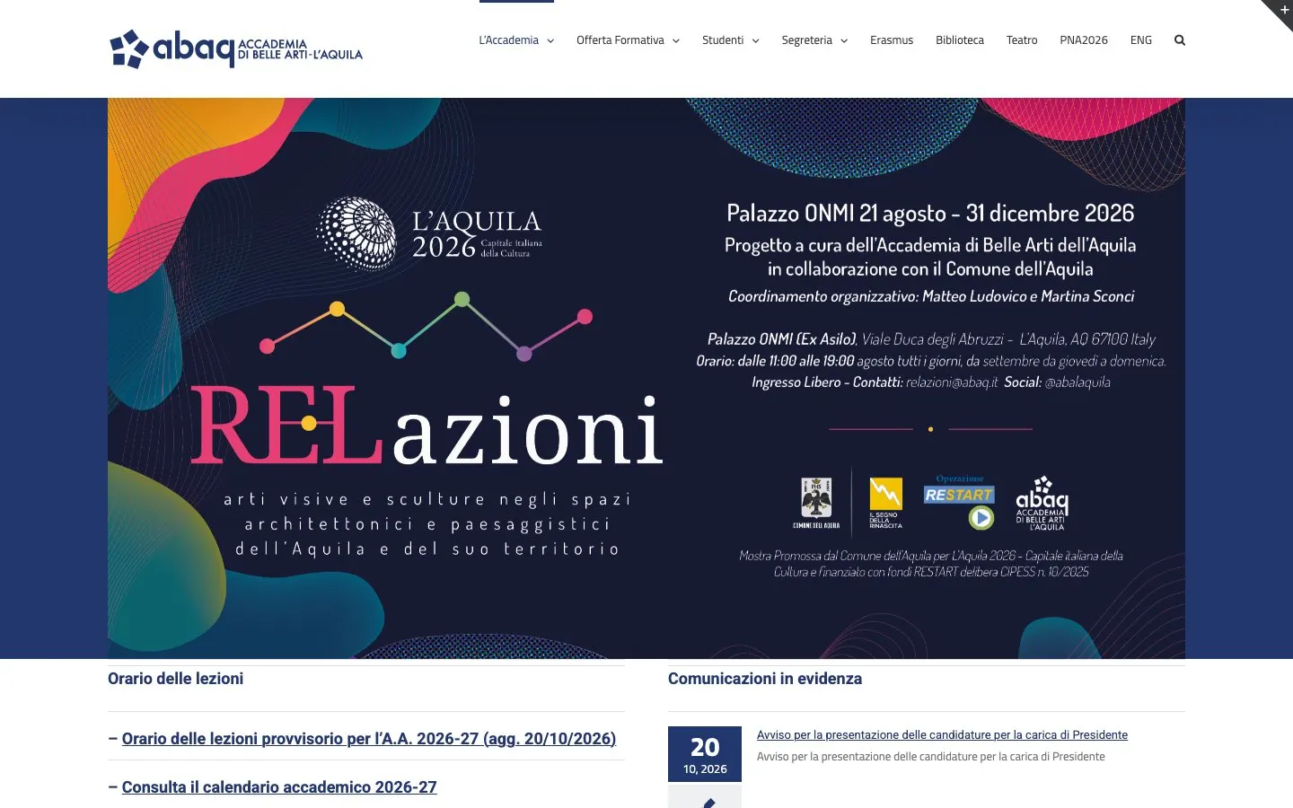 The website of Accademia di Belle Arti dell'Aquila