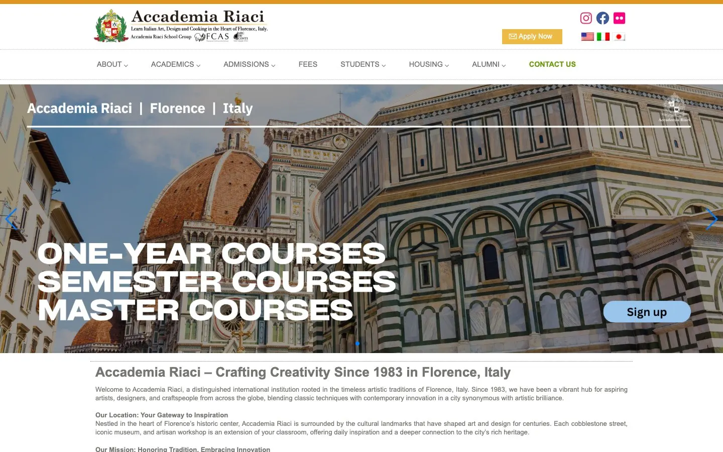 The website of Accademia Riaci