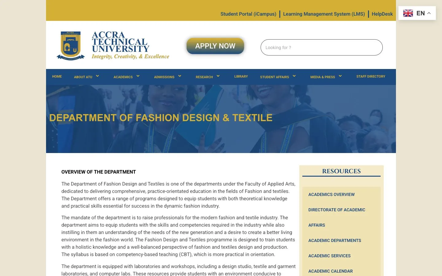 The website of Accra Technical University – Department of Fashion Design and Textiles