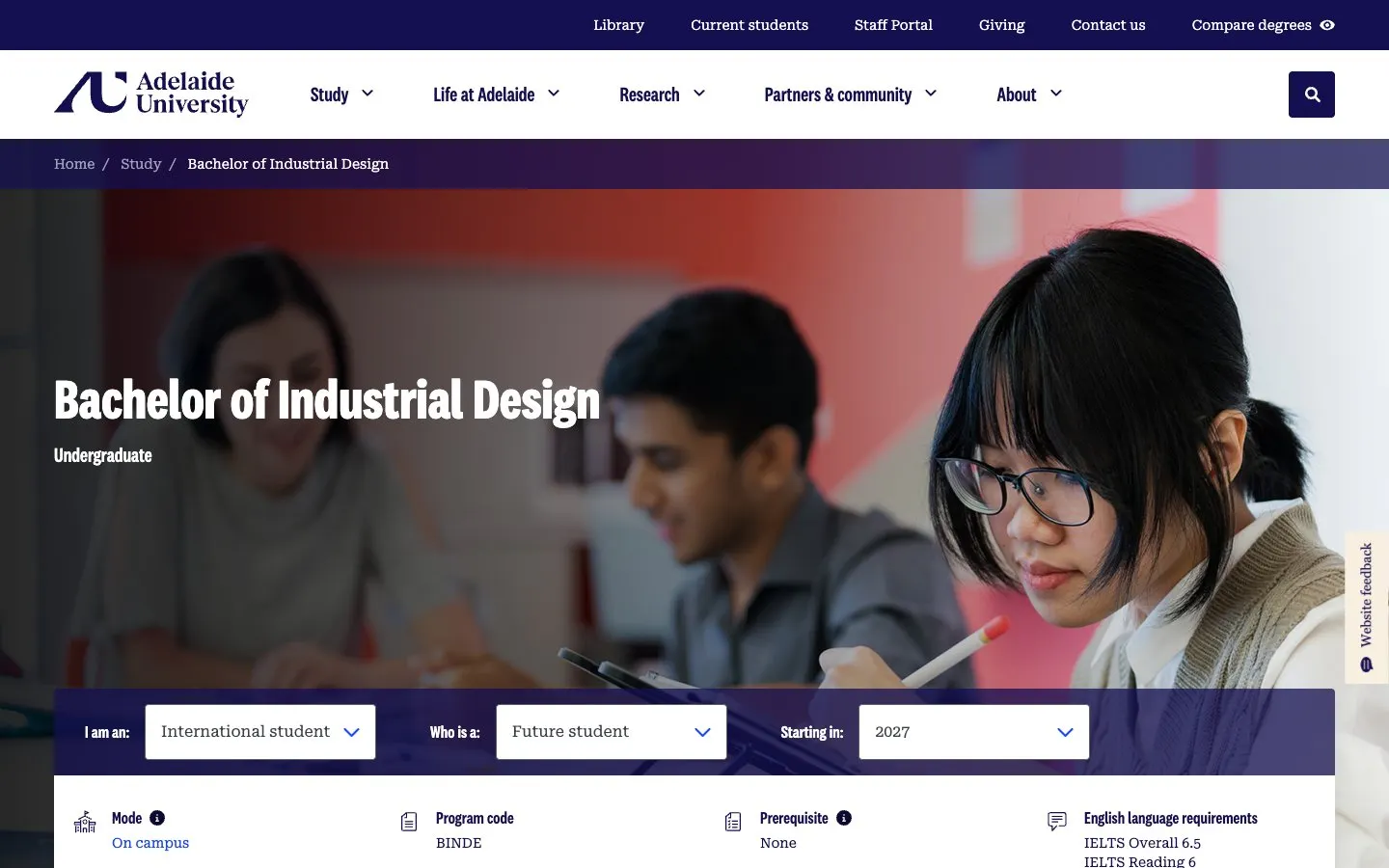 The website of Adelaide University – Industrial Design, Viticulture and Oenology