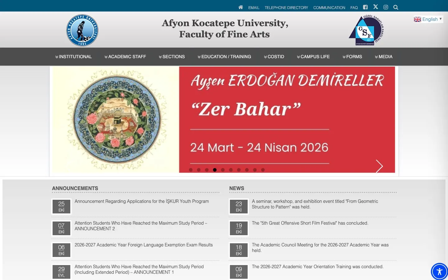 الموقع الإلكتروني لـ Afyon Kocatepe Üniversitesi – Güzel Sanatlar Fakültesi