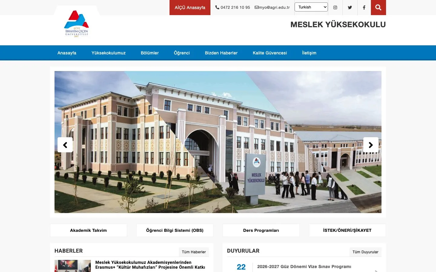 The website of Ağrı İbrahim Çeçen Üniversitesi – Meslek Yüksekokulu