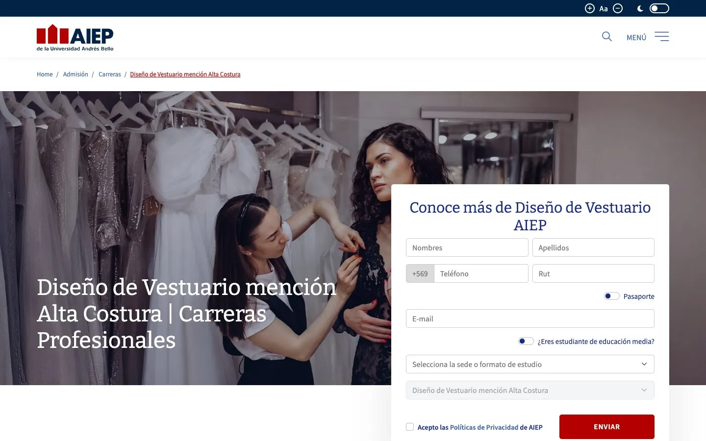 The website of AIEP – Diseño de Vestuario