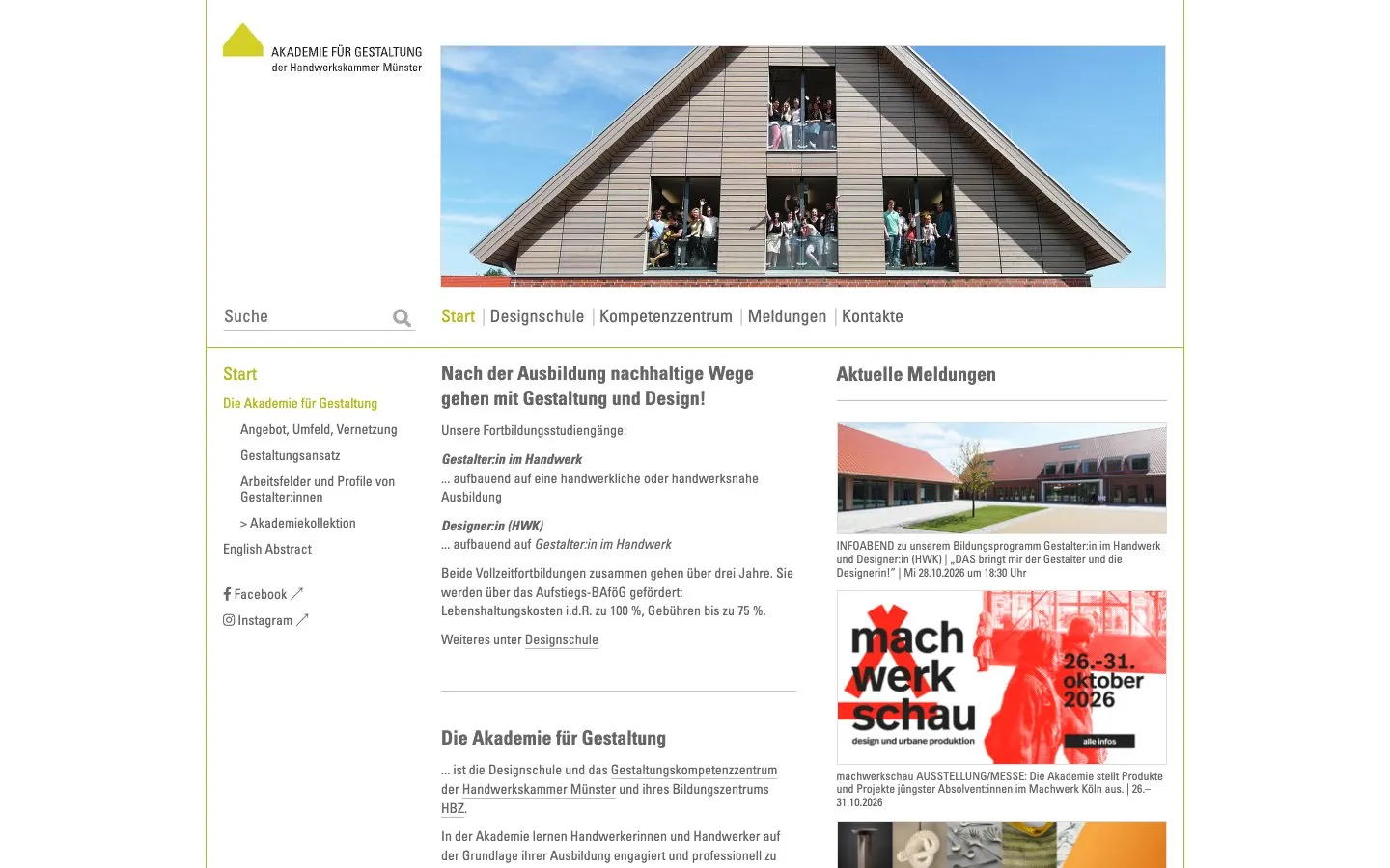 El sitio web de Akademie für Gestaltung der Handwerkskammer Münster