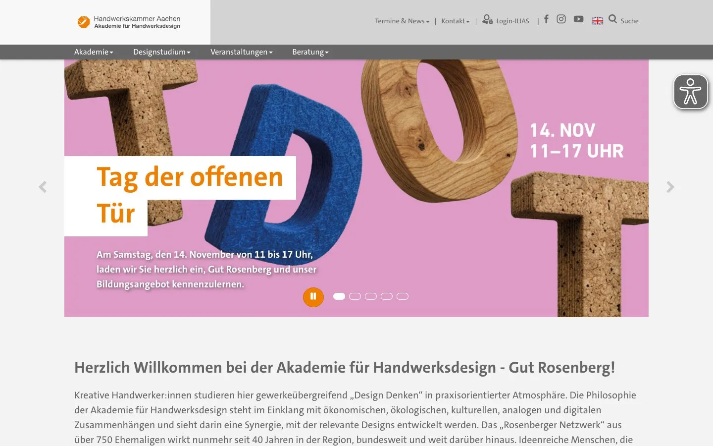 El sitio web de Akademie für Handwerksdesign Gut Rosenberg