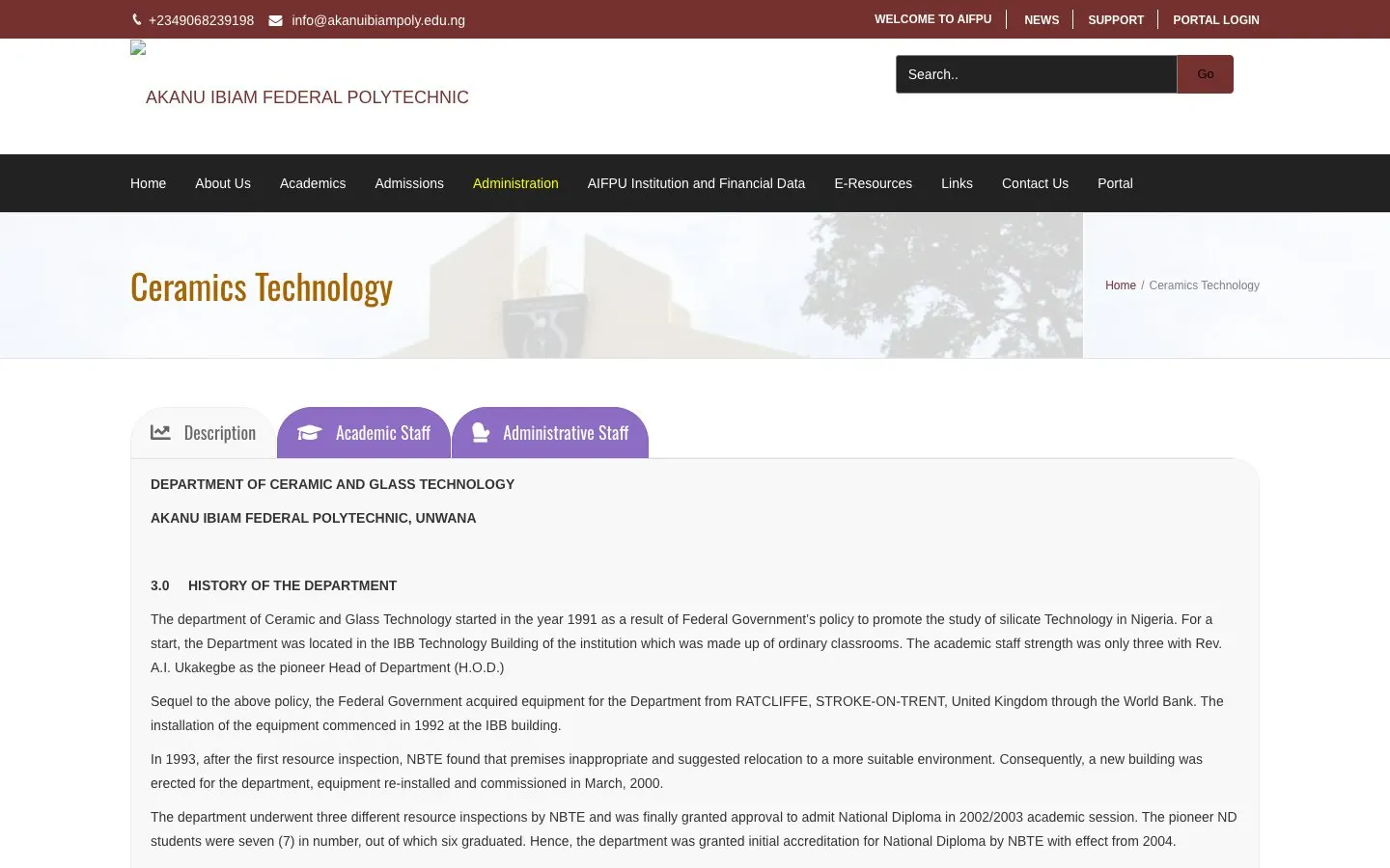 The website of Akanu Ibiam Federal Polytechnic – Department of Ceramic and Glass Technology