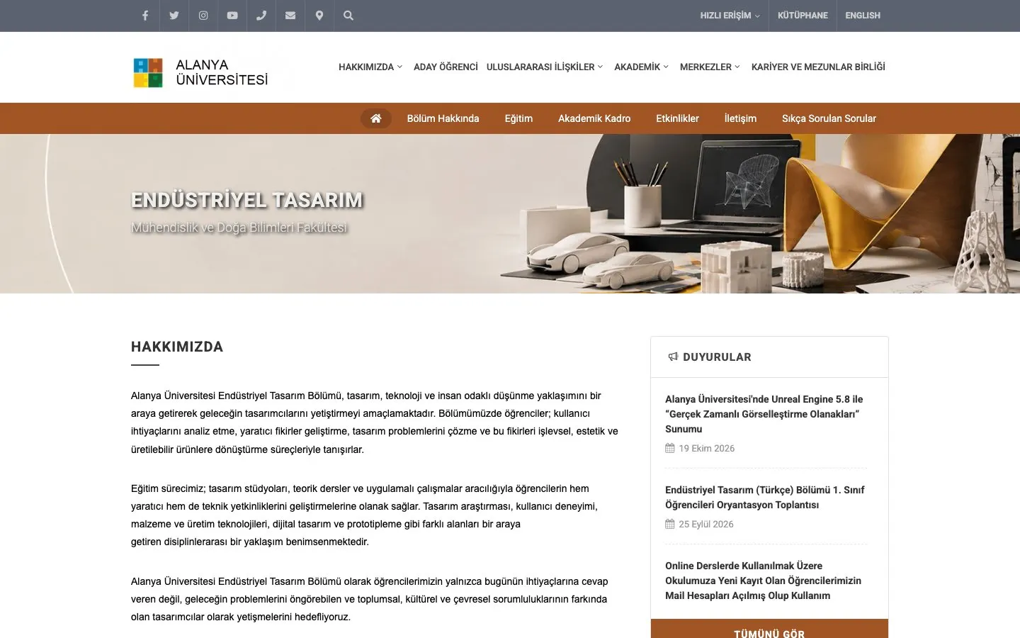 The website of Alanya Üniversitesi – Endüstriyel Tasarım Bölümü