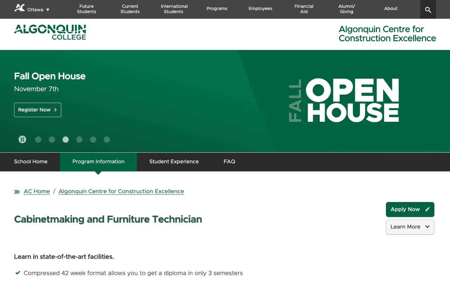 The website of Algonquin College - Cabinetmaking and Furniture Technician