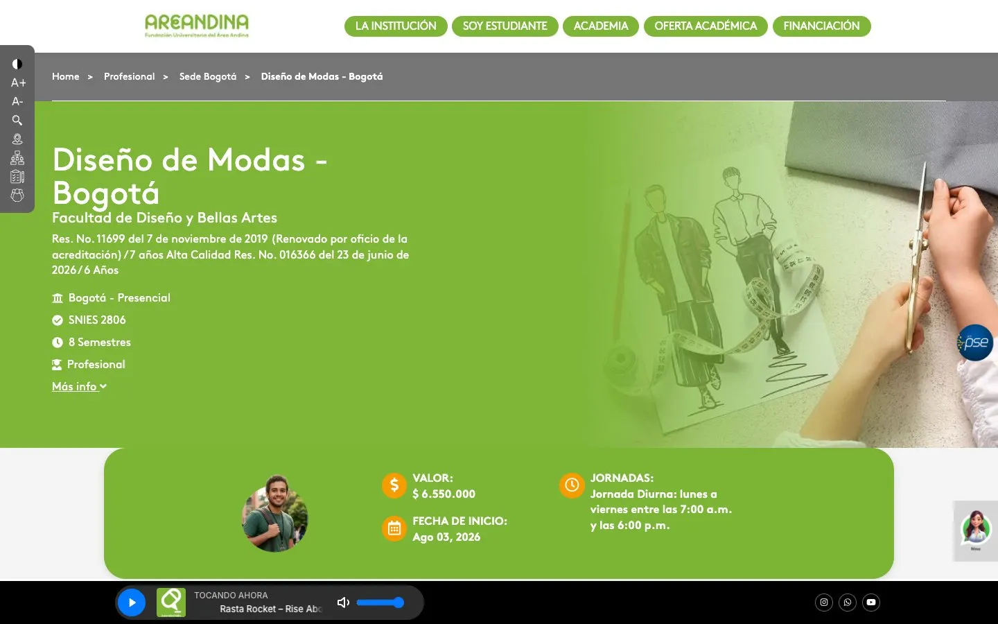 The website of Areandina – Diseño de Modas (Bogotá)