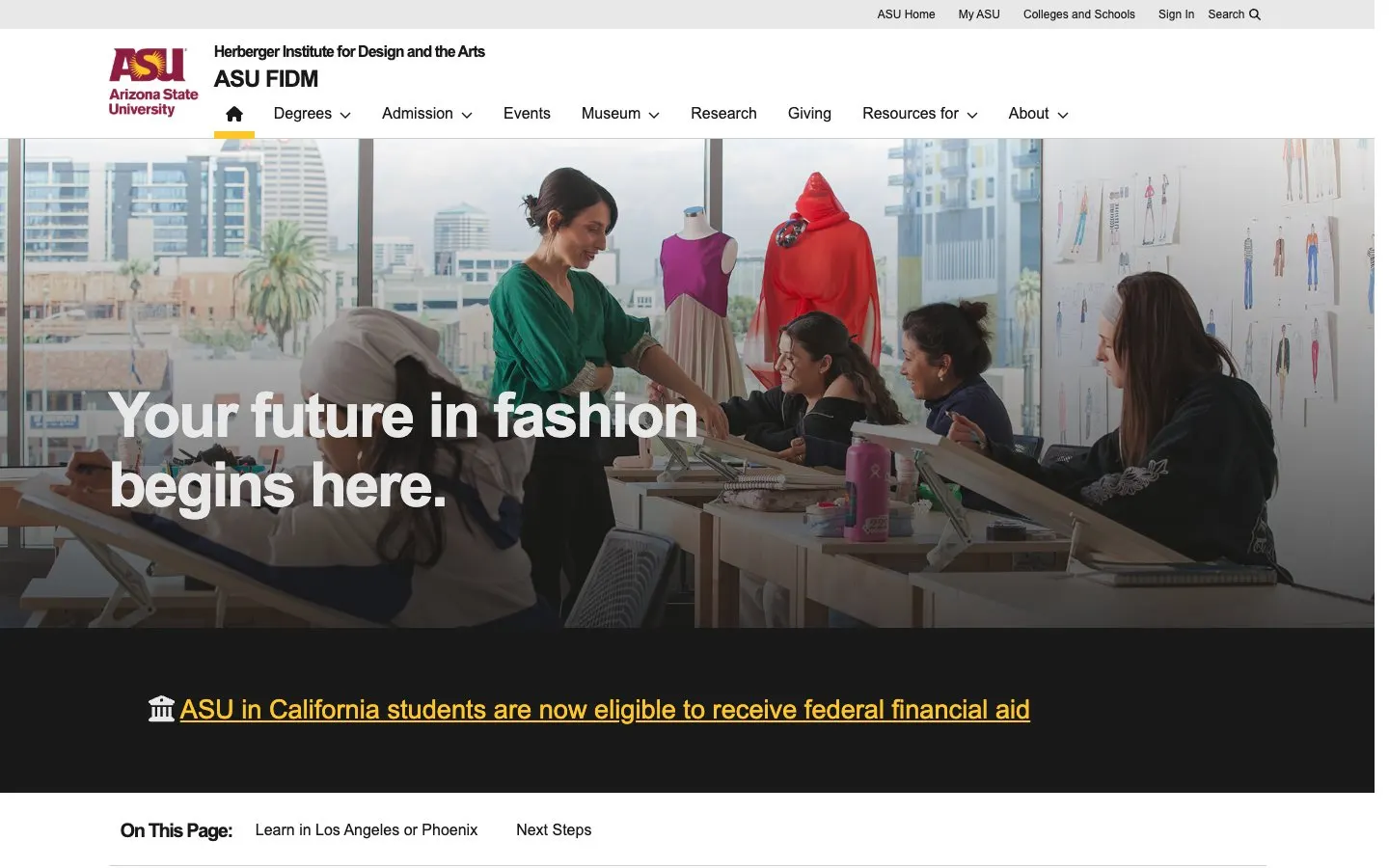 The website of ASU FIDM – Los Angeles