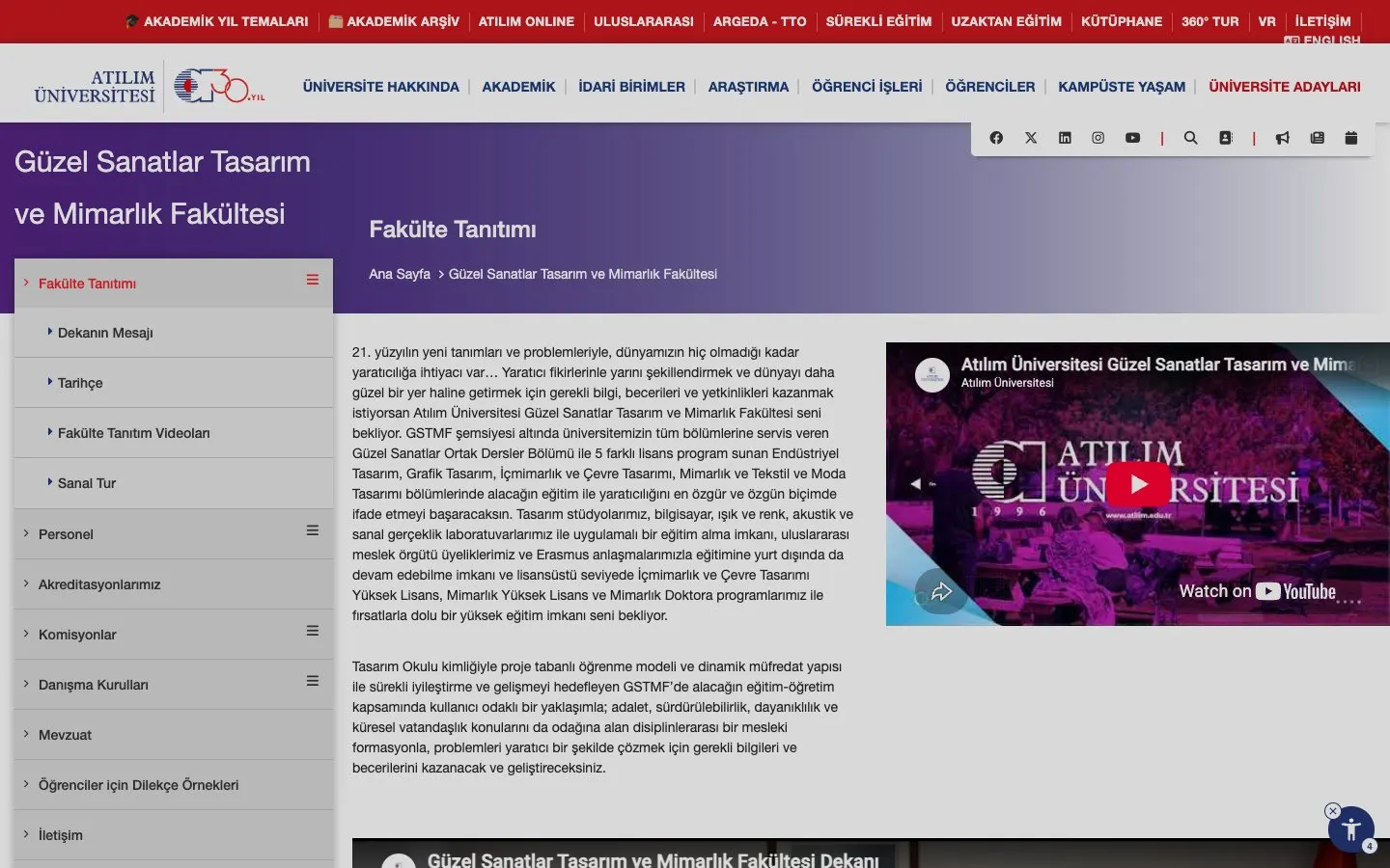 The website of Atılım Üniversitesi – Güzel Sanatlar Tasarım ve Mimarlık Fakültesi