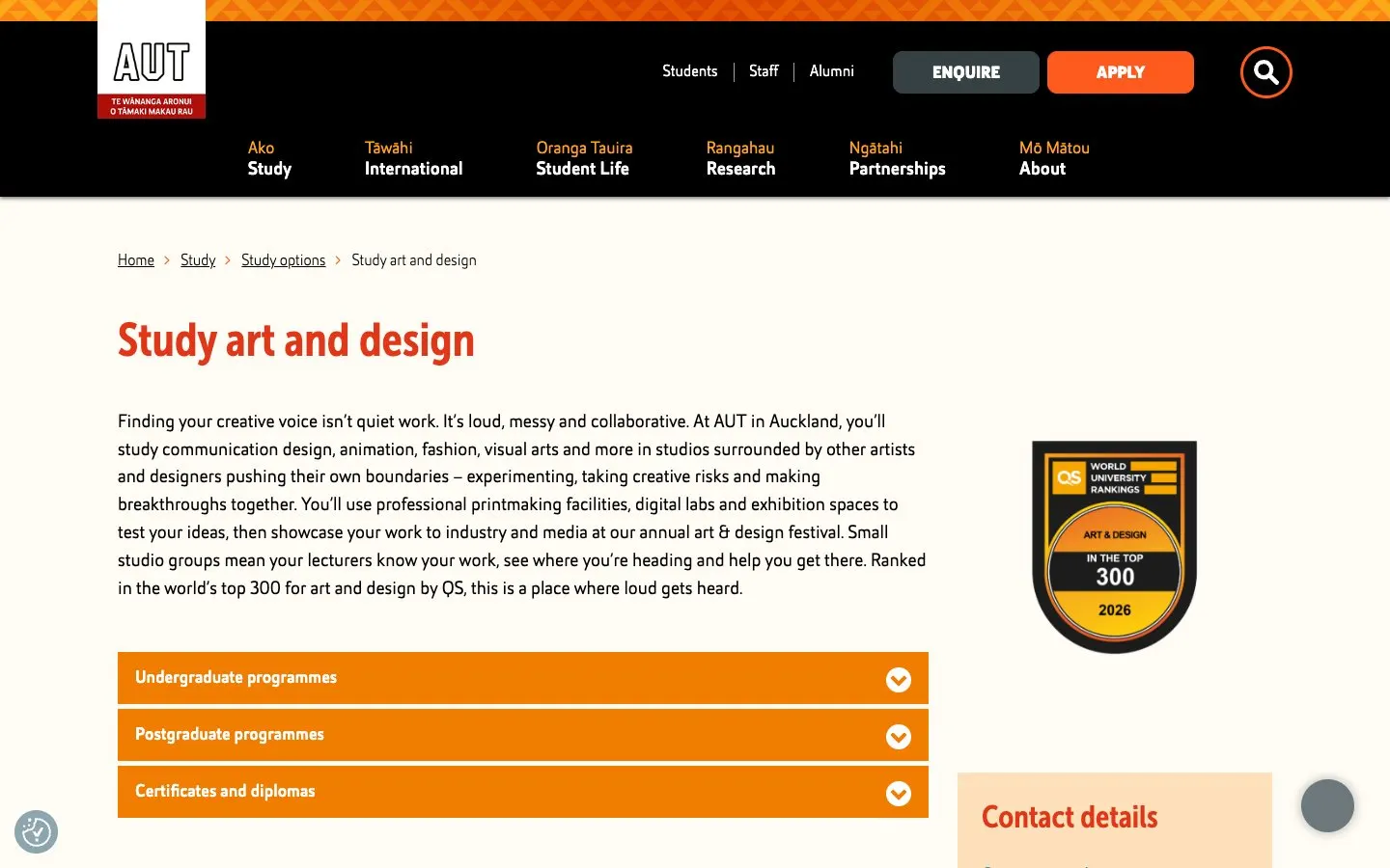 The website of AUT – Auckland University of Technology