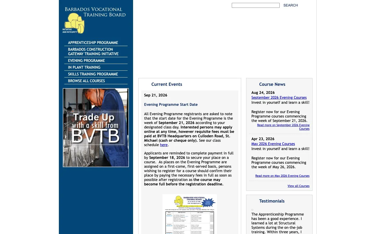 The website of Barbados Vocational Training Board