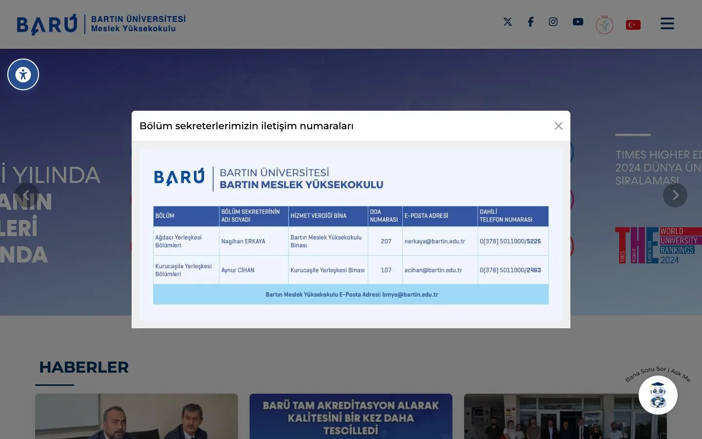 The website of Bartın Üniversitesi – Bartın Meslek Yüksekokulu