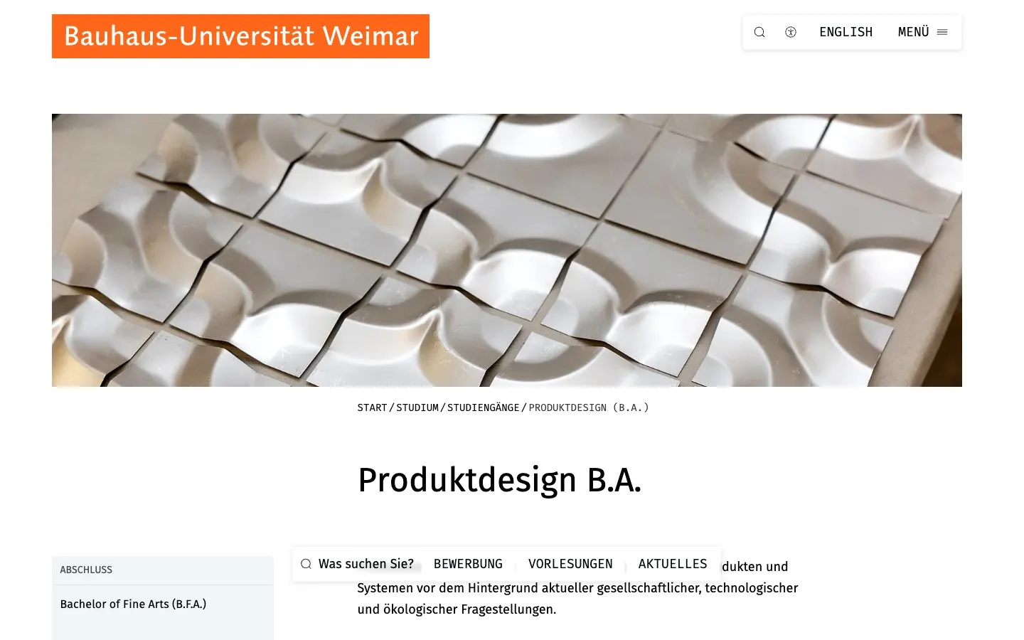 Le site de Bauhaus-Universität Weimar – Produktdesign
