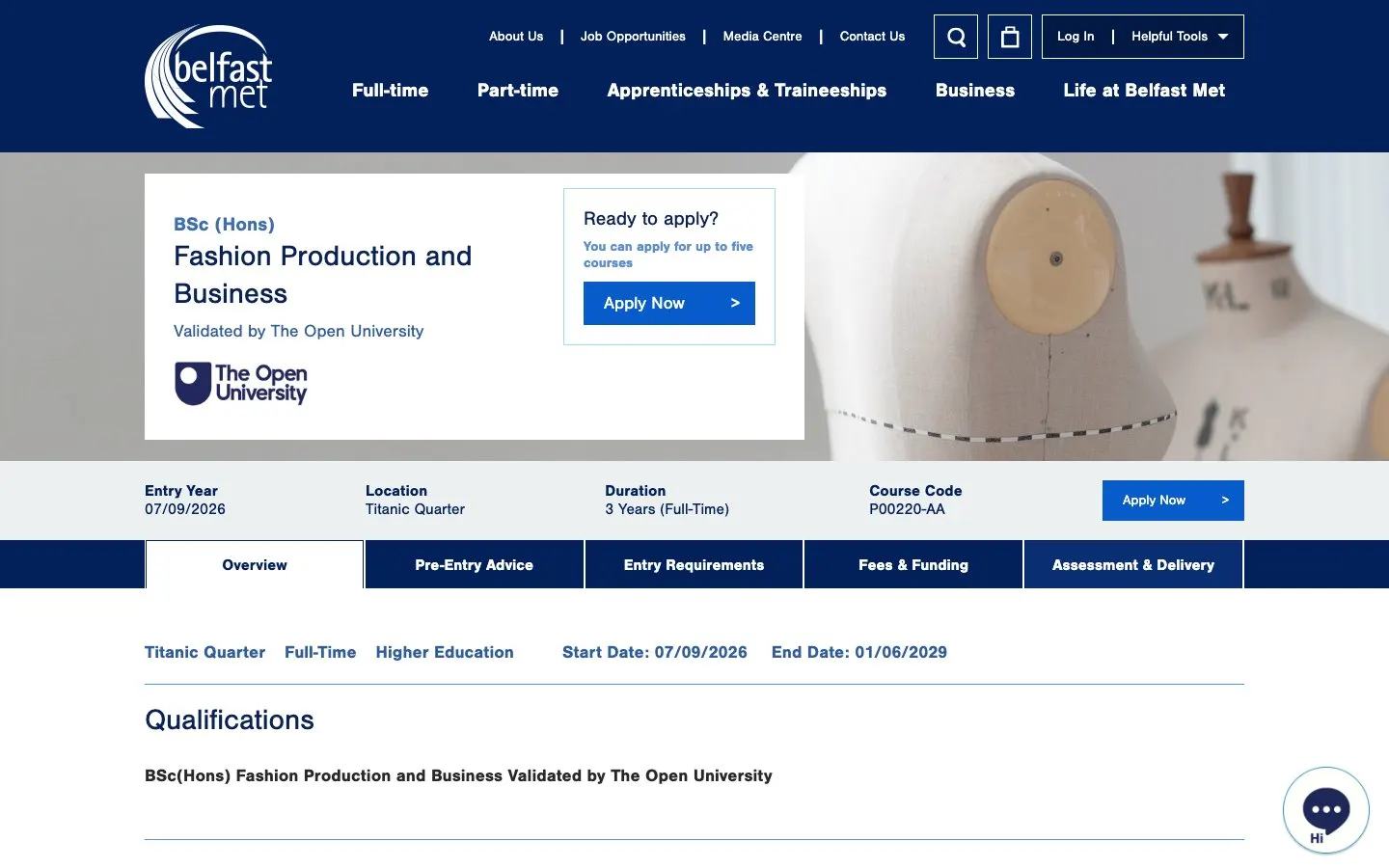 The website of Belfast Met – Fashion Production