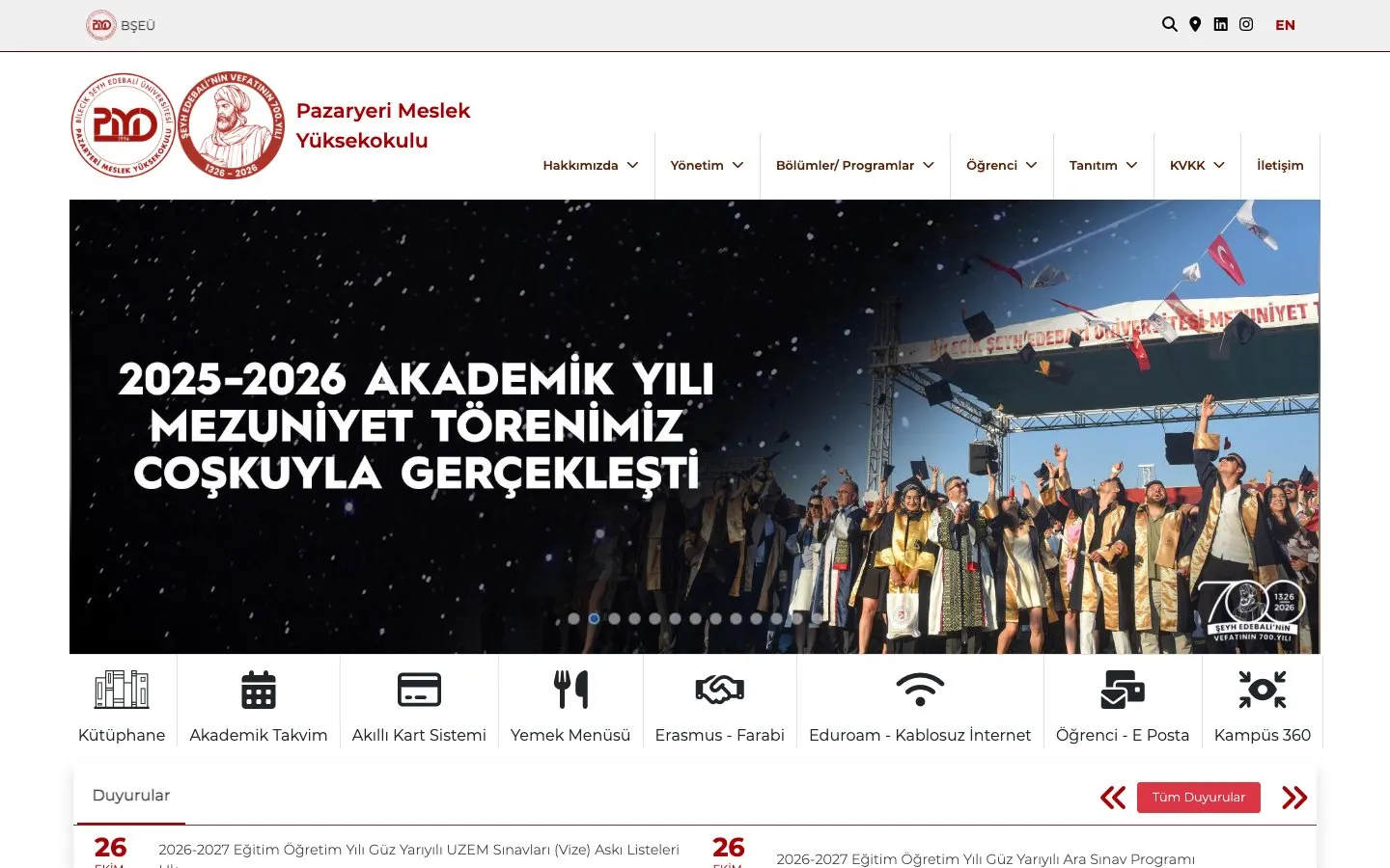 The website of Bilecik Şeyh Edebali Üniversitesi – Pazaryeri Meslek Yüksekokulu