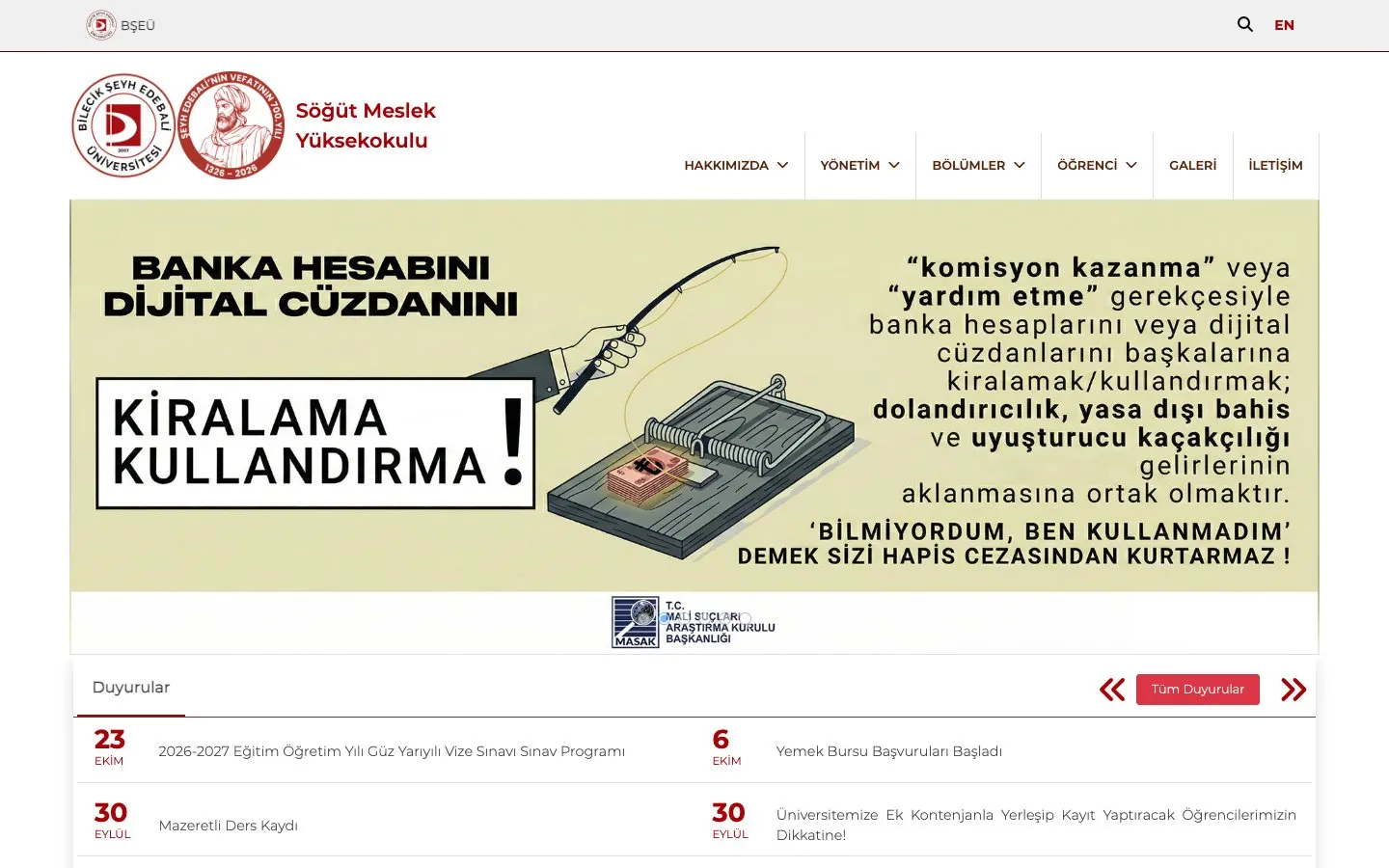 The website of Bilecik Şeyh Edebali Üniversitesi – Söğüt Meslek Yüksekokulu