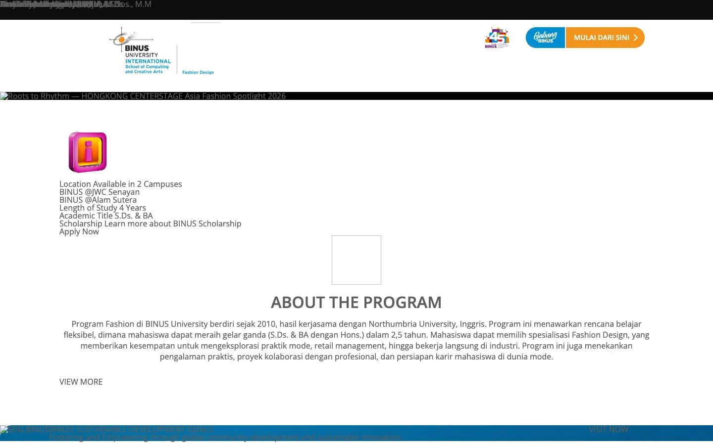 The website of BINUS University – Fashion Program