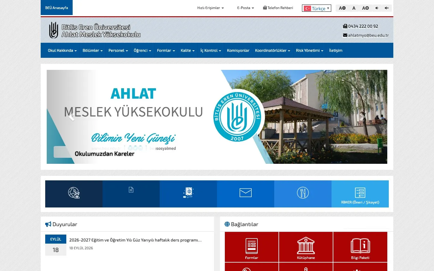 Die Website von Bitlis Eren Üniversitesi – Ahlat Meslek Yüksekokulu
