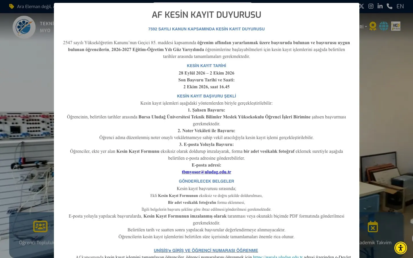 The website of Bursa Uludağ Üniversitesi – Teknik Bilimler Meslek Yüksekokulu