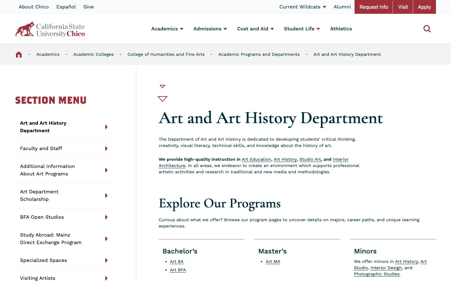 The website of California State University, Chico – Department of Art and Art History
