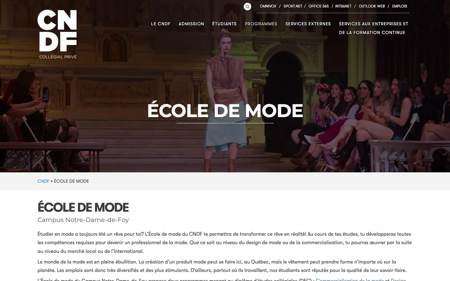 The website of Campus Notre-Dame-de-Foy - École de mode