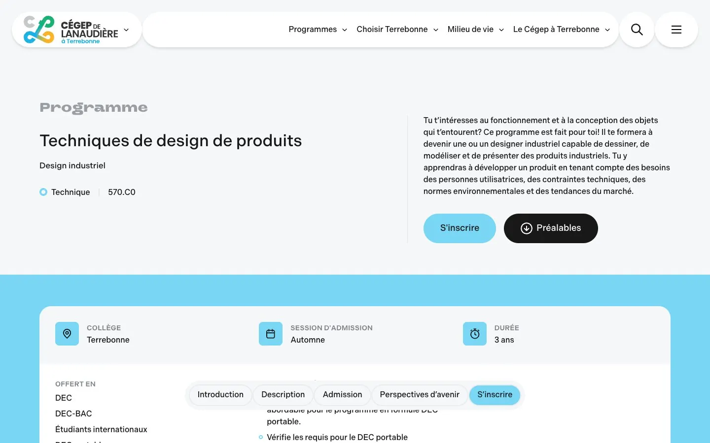 الموقع الإلكتروني لـ Cégep de Lanaudière à Terrebonne - Techniques de design de produits