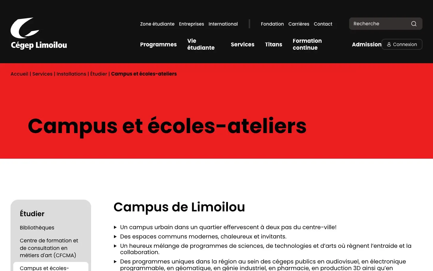 The website of Cégep Limoilou - Campus des métiers d'art