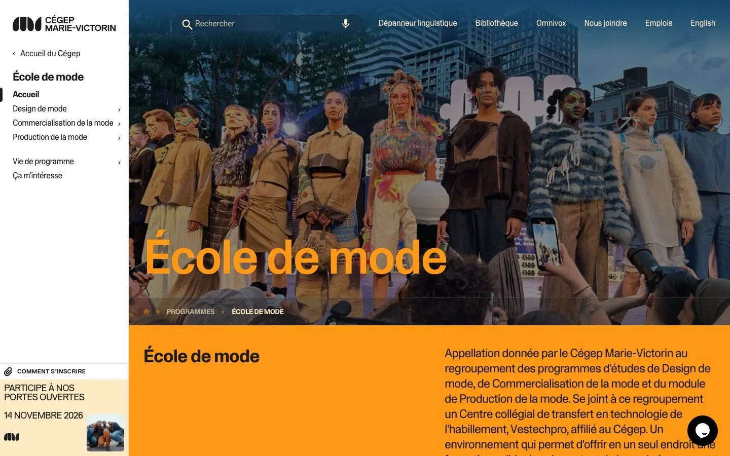 The website of Cégep Marie-Victorin – École de mode