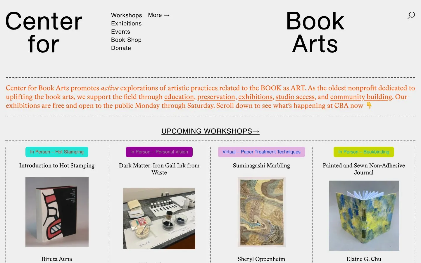 الموقع الإلكتروني لـ Center for Book Arts