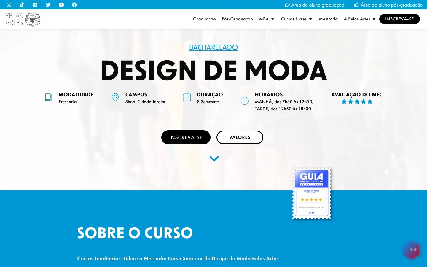 The website of Centro Universitário Belas Artes – Design de Moda