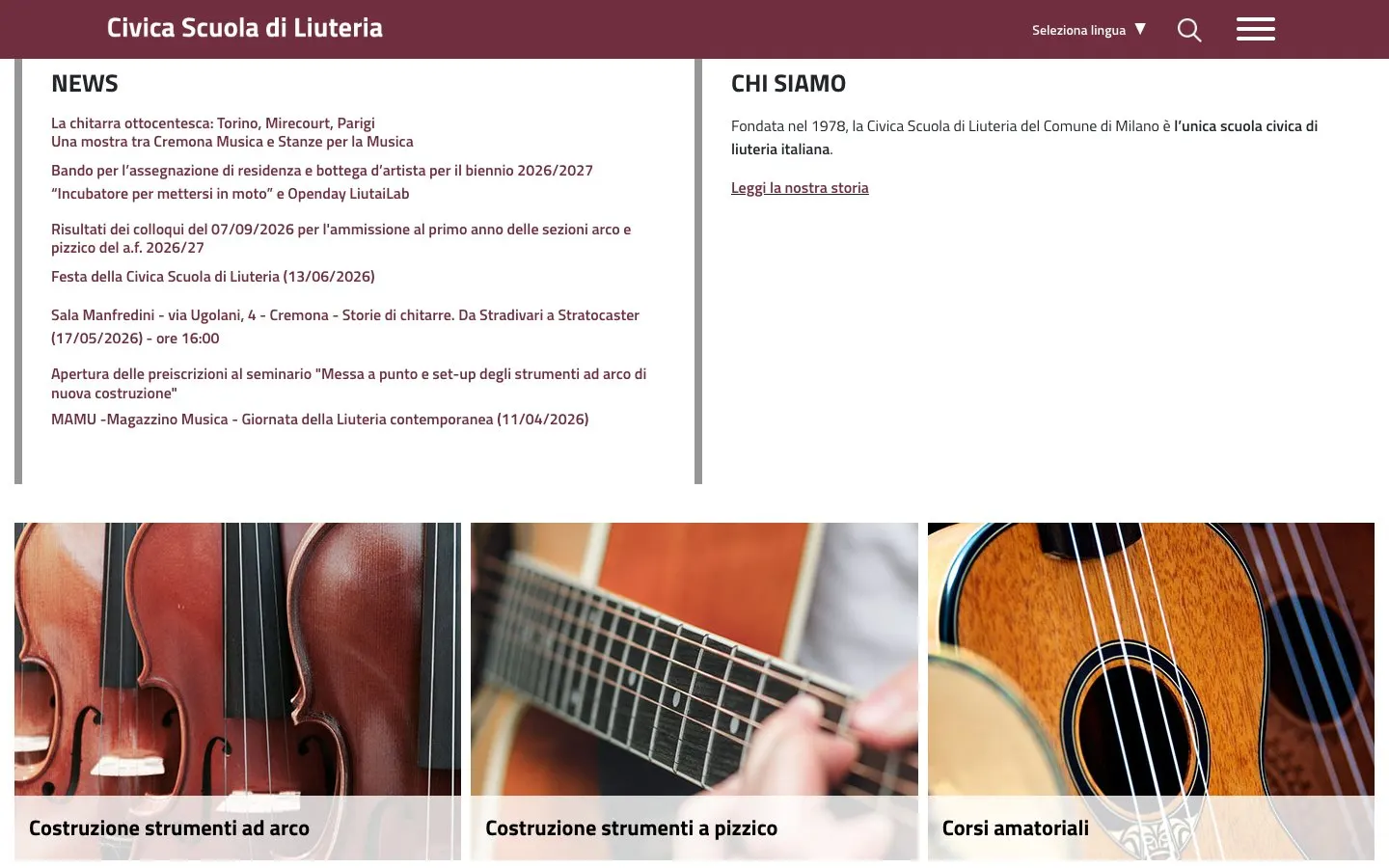 The website of Civica Scuola di Liuteria di Milano