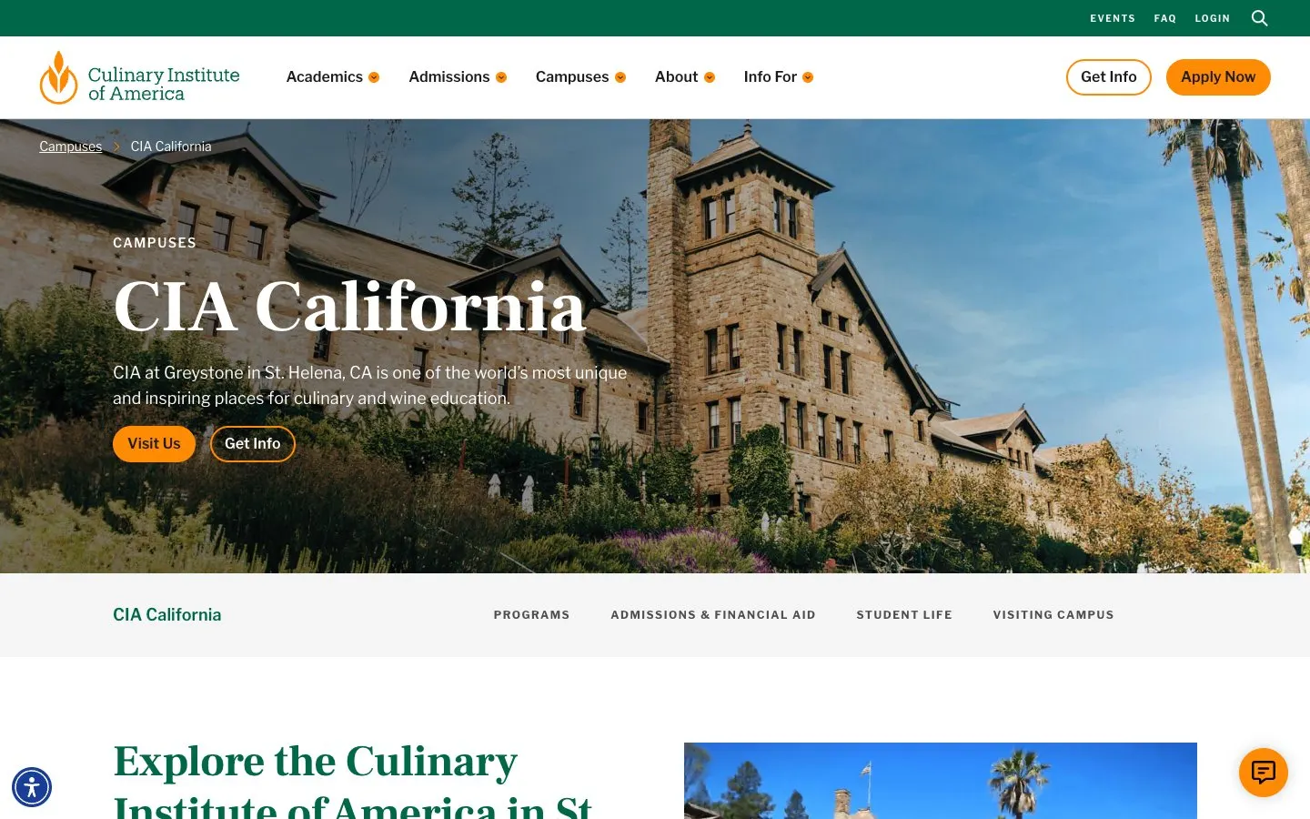 The website of Culinary Institute of America – California campus (Greystone)
