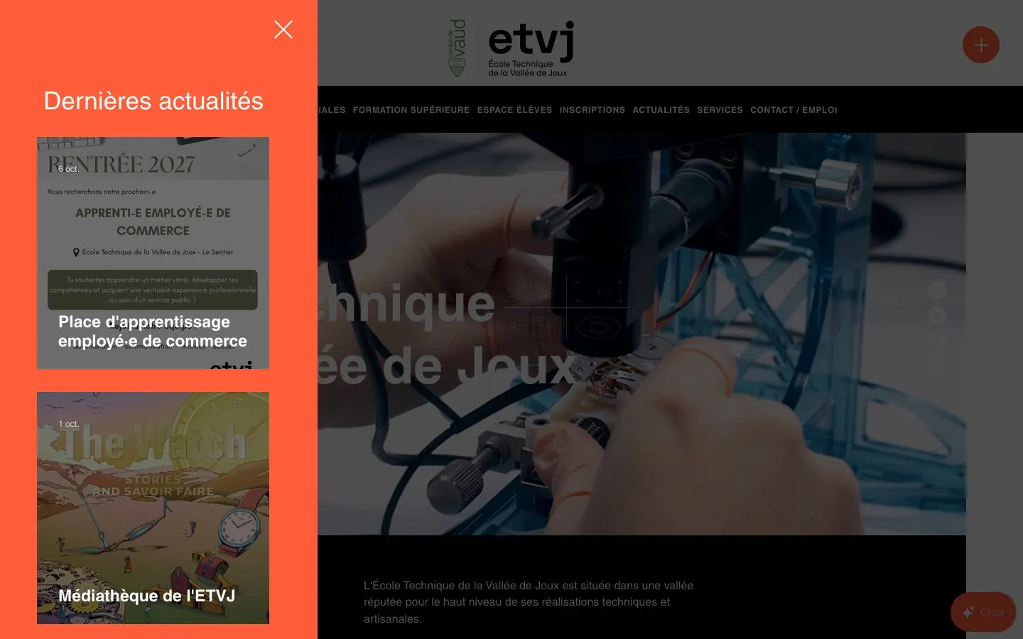 El sitio web de École Technique de la Vallée de Joux (ETVJ)