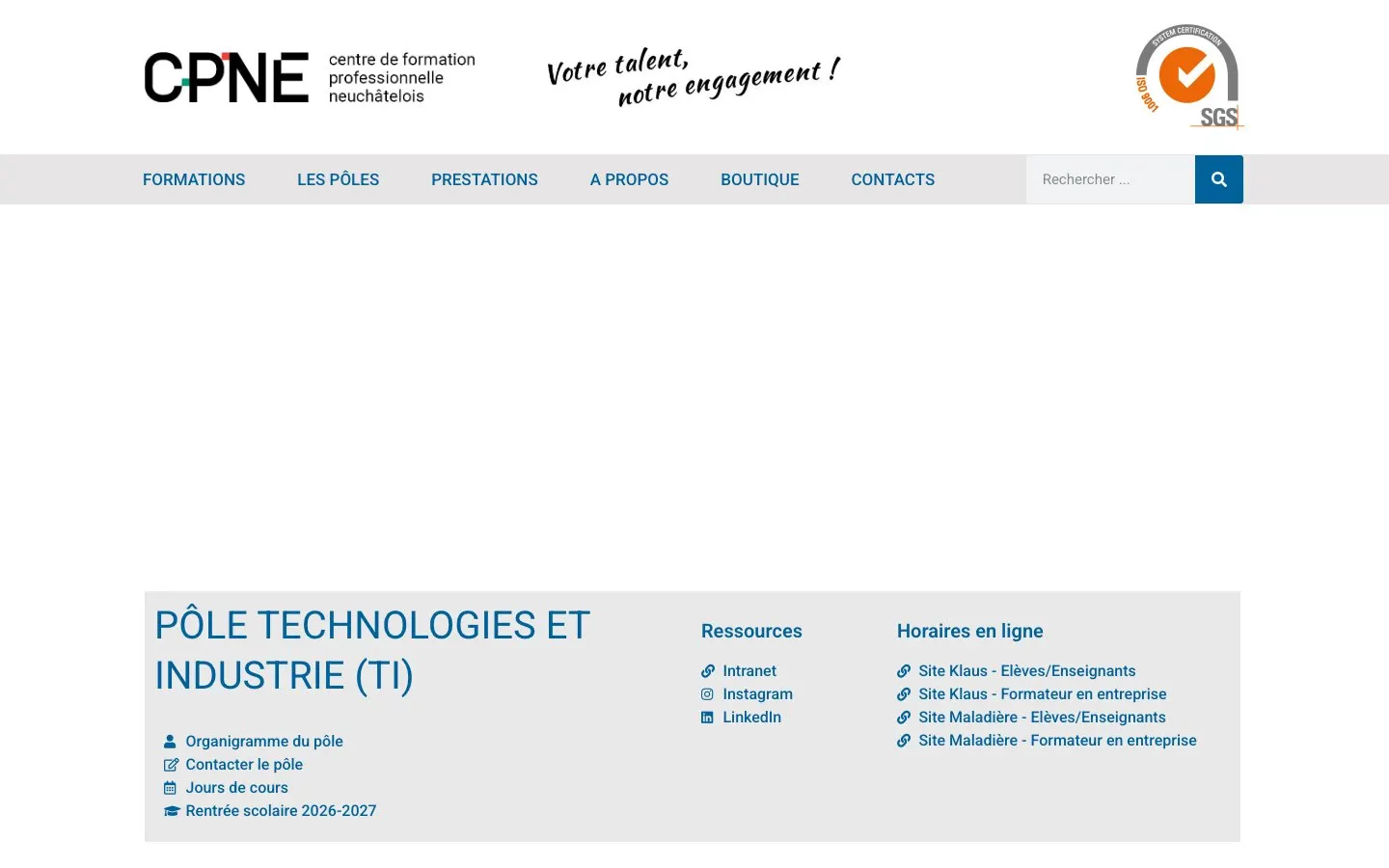 The website of CPNE – Pôle Technologies et Industrie, Le Locle