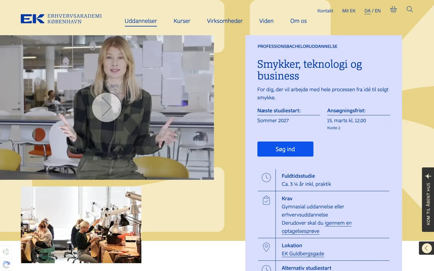 Le site de EK – Erhvervsakademi København (Smykker, teknologi og business)