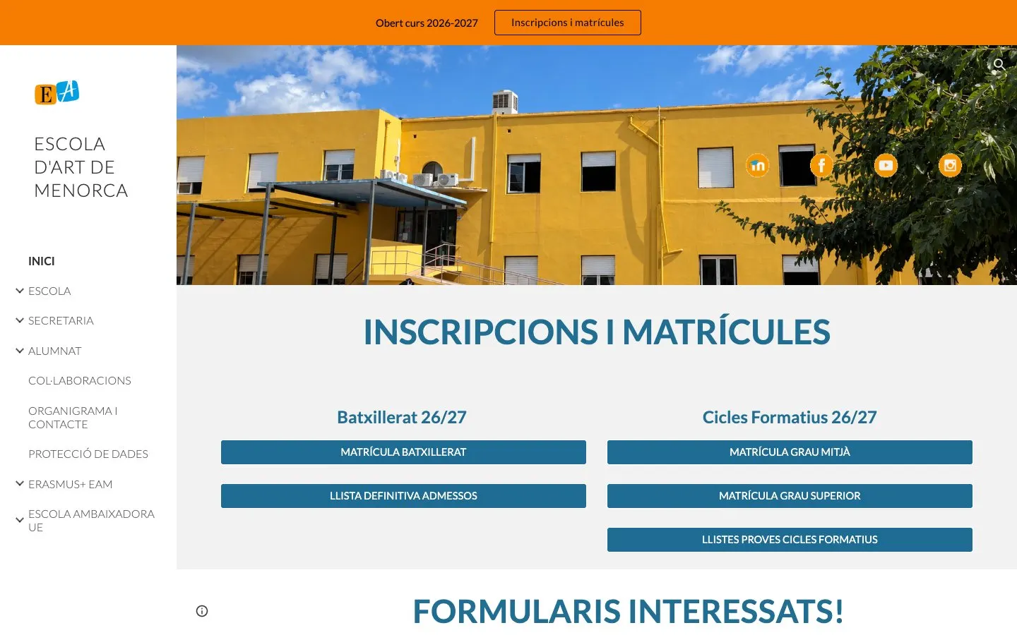 The website of Escola d'Art de Menorca