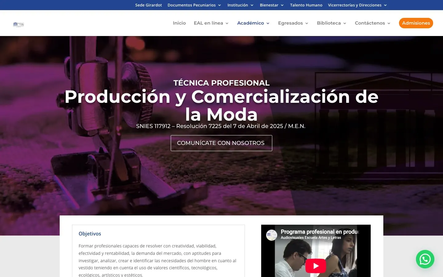 The website of Escuela de Artes y Letras – Producción y Comercialización de la Moda