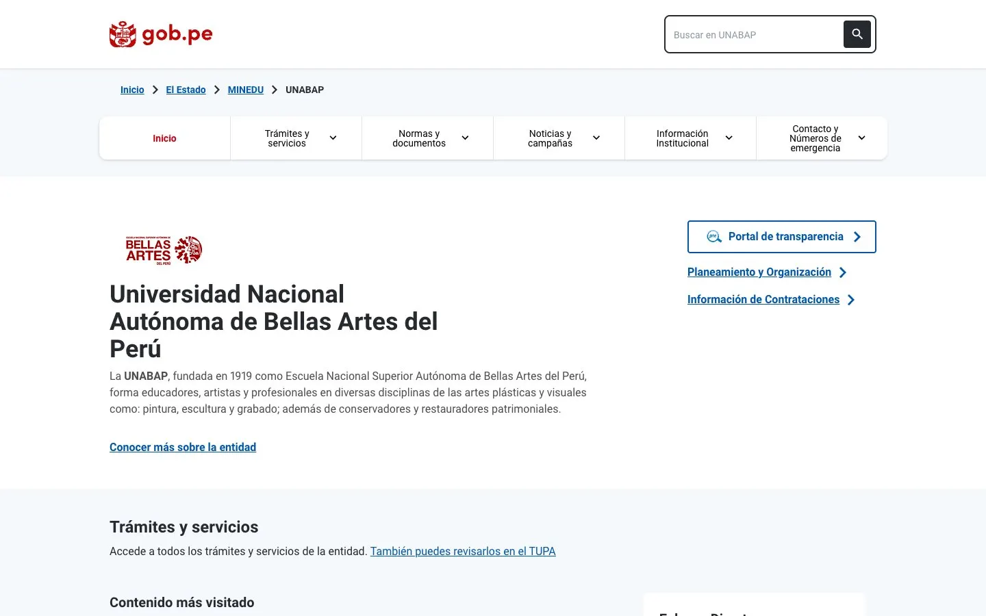 Сайт школы Universidad Nacional Autónoma de Bellas Artes del Perú (UNABAP)