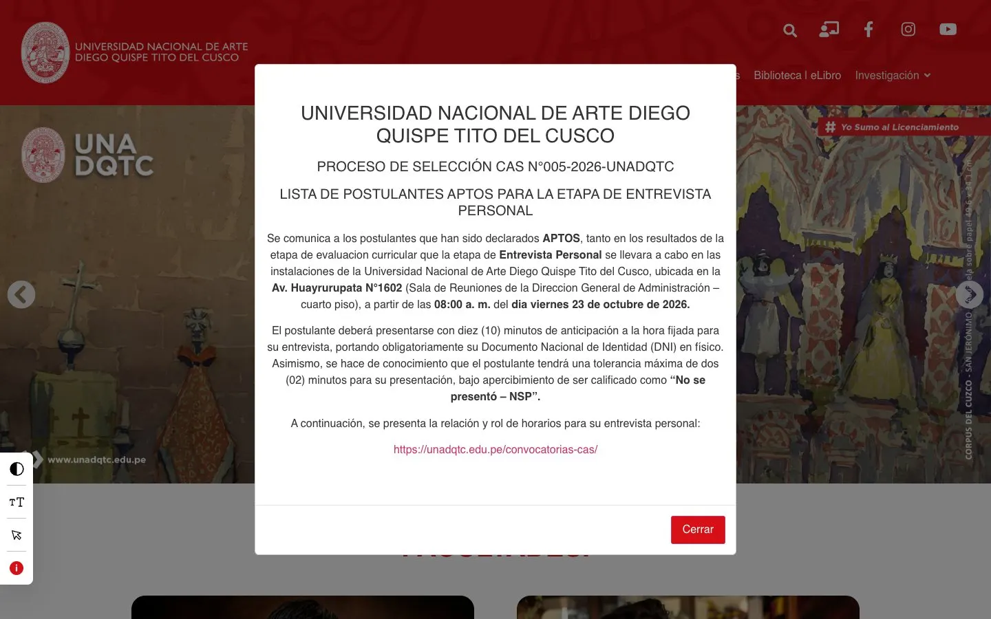 The website of Universidad Nacional de Arte Diego Quispe Tito del Cusco (UNADQTC)