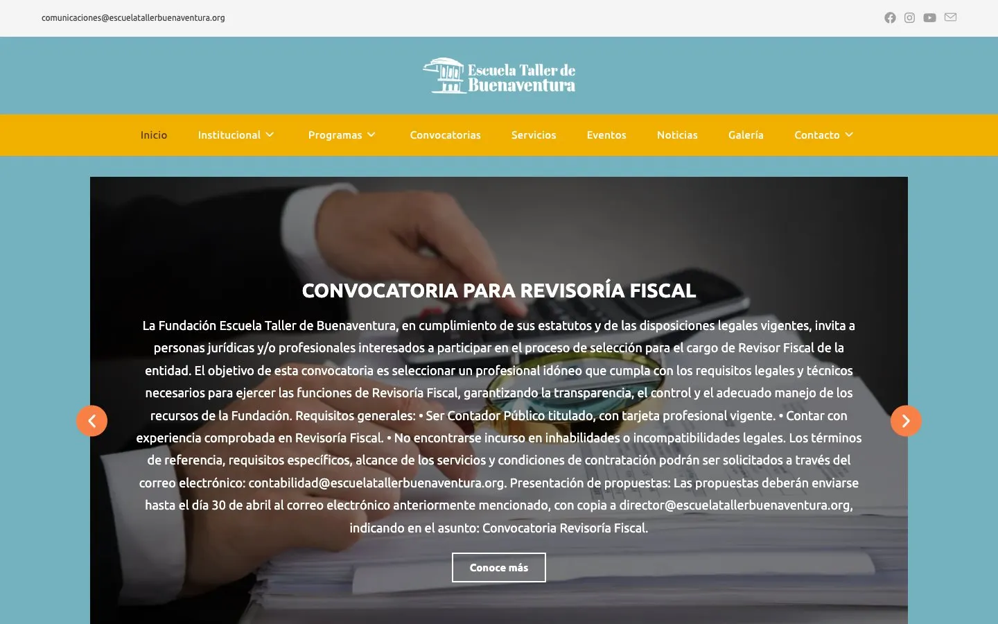 The website of Escuela Taller de Buenaventura