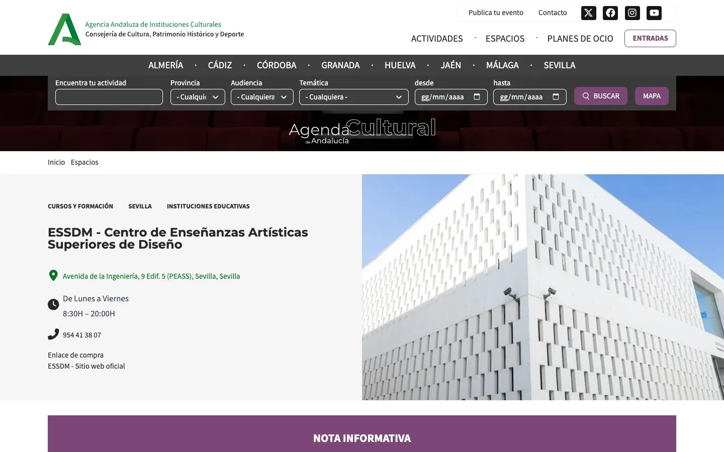 The website of ESSDM Escuela Superior Sevilla de Moda