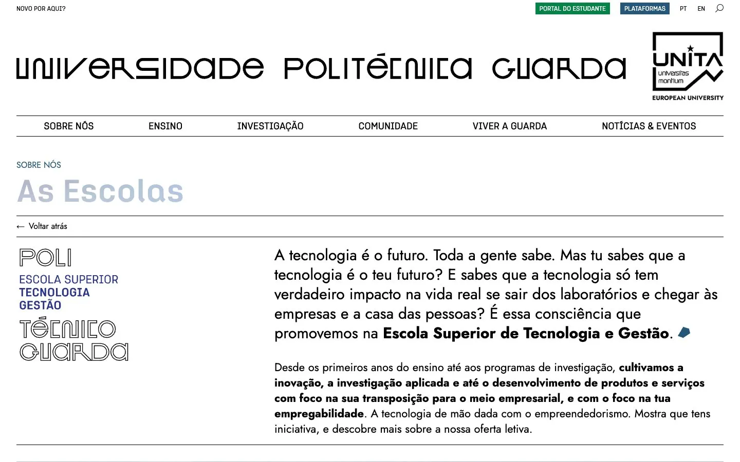 The website of ESTG Guarda – Design de Equipamento e Ambientes