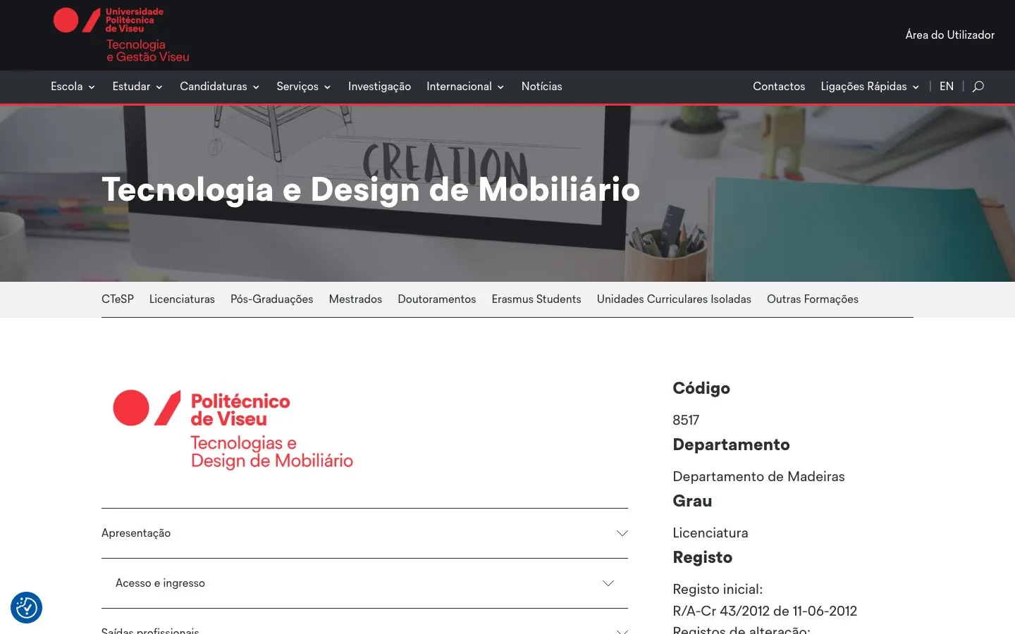 The website of ESTGV – Tecnologia e Design de Mobiliário